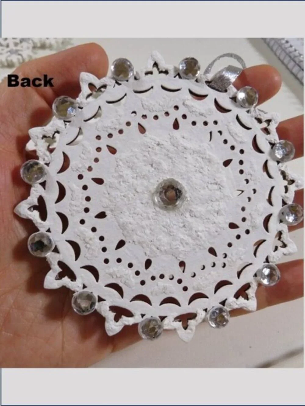 White Wood Snowflake Ornaments Set 6 Rhinestone Double Sided Hand Painted